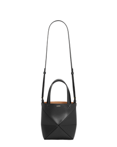 Mini Puzzle Fold Tote in shiny black calf leather