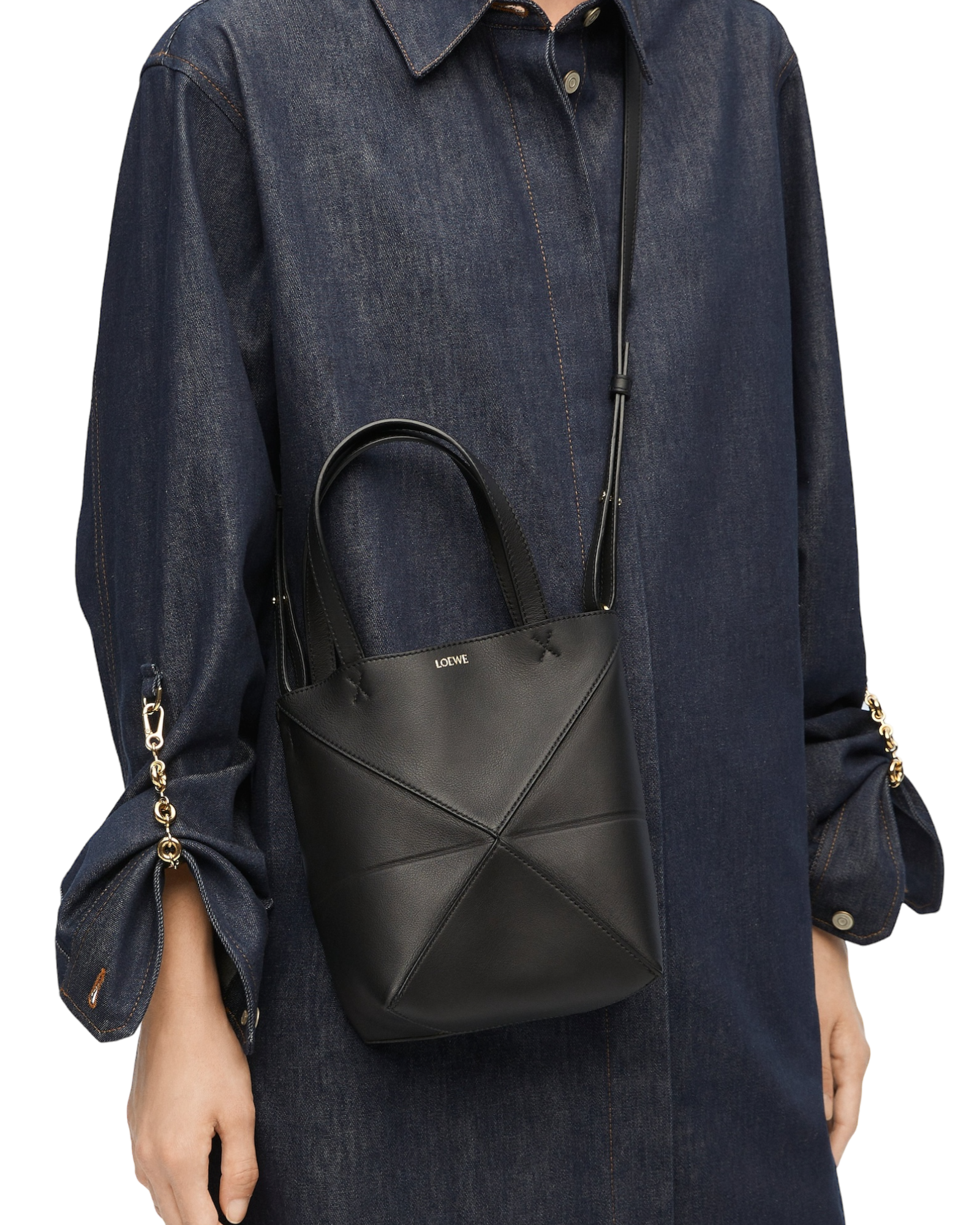 Mini Puzzle Fold Tote in shiny black calf leather