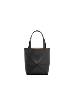 Mini Puzzle Fold Tote en cuir de veau brillant noir